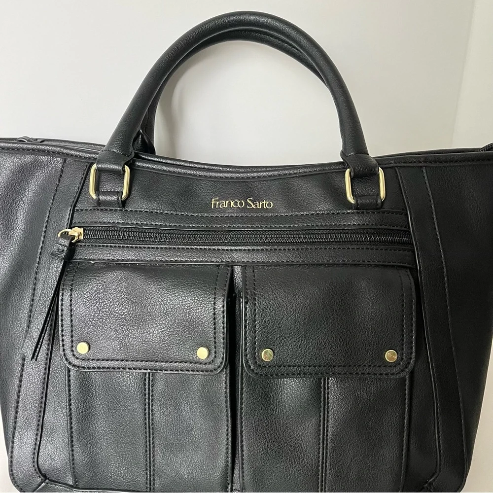 Franco Sarto Black Leather Tote Bag Crossbody with Gold Accents Like New - Picture 2 of 13